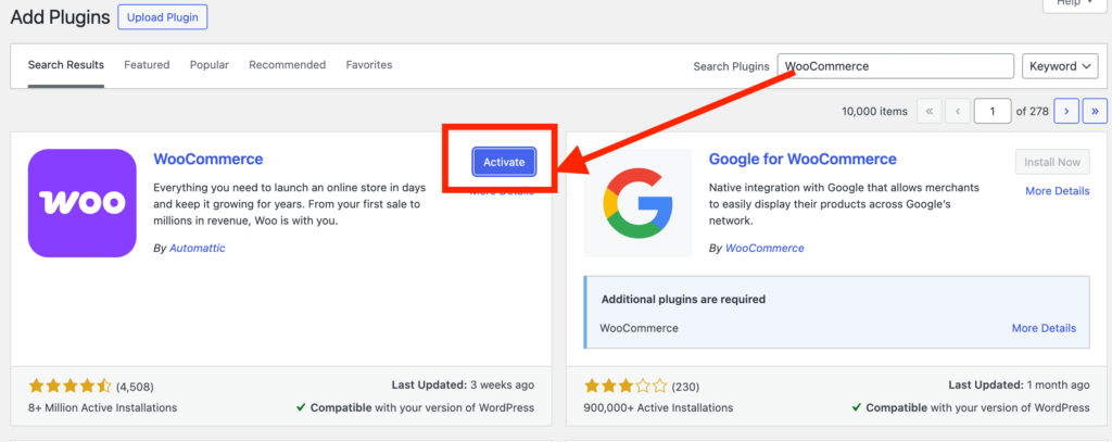 Activate WooCommerce Plugin