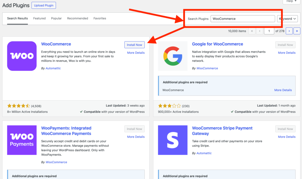 Search and install WooCommerce plugin